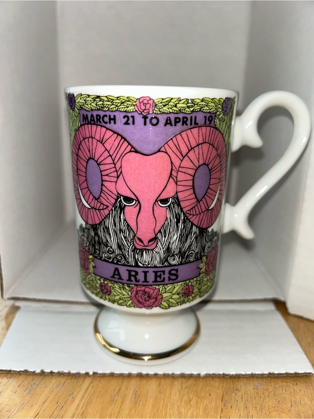 vintage ceramic Aries zodiac mug tea cup pedestal-style base gold pink ram MCM